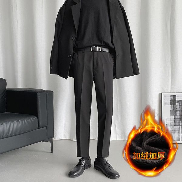 

2021 winter plus veet thick suit men's slim warm fashion solid color men straight pants mens social 28-38 9k33, Black