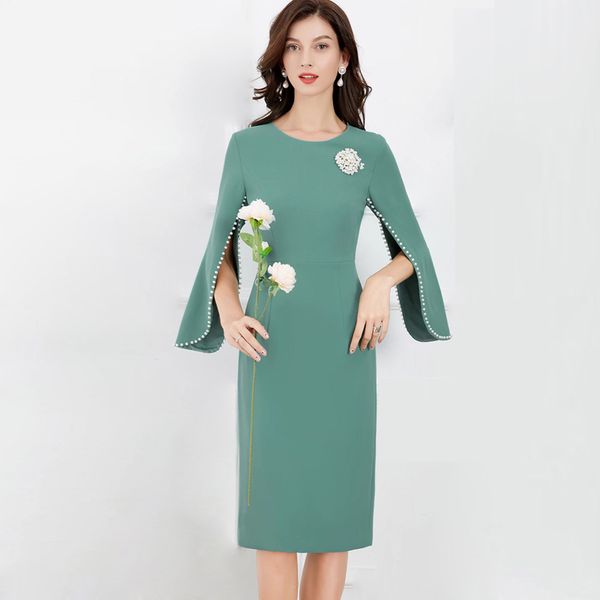 

women's runway dresses o neck split long sleeves beaded elegant fashion pencil little black dress vestidos