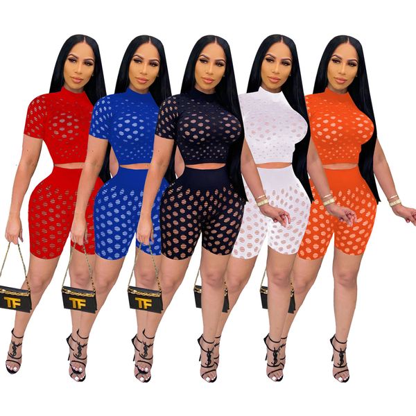 

hollow perspective mesh 2 piece short sets summer casual tracksuit ladies short sleeve leggings outfits women designers clothes 2021, White