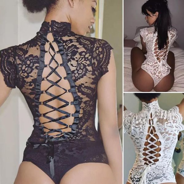 

pyjamas women pijama mujer lingerie lace bodysuit with super cross on the back high neck thong briefs, Black;red