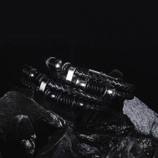 

bangle cr-191 european and american braided stainless steel leather rope retro punk trend magnetic buckle bracelet for boyfriend, Black