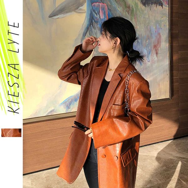 

women's pu suit jacket spring autumn fashion vintage brown faux leather loose leisure female outwear 210608, Black