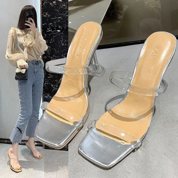 

slippers 2021 sandals women summer fashion high-heel profiled heel fashionable and elegant, Black