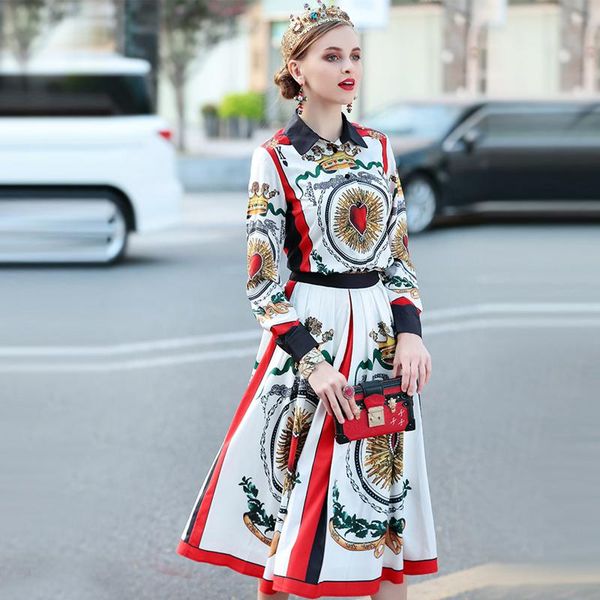 

women's suits & blazers 2021 vintage print women 2 pieces pretty full sleeve turn-down collar shirts +pleated skirts retro sets dress f, White;black
