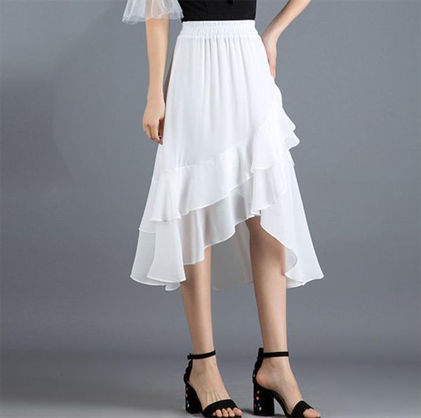 

summer long asymmetrical chiffon womens skirts high waist ruffles plus 5xl 6xl 7xl bohemia purple yellow, Black