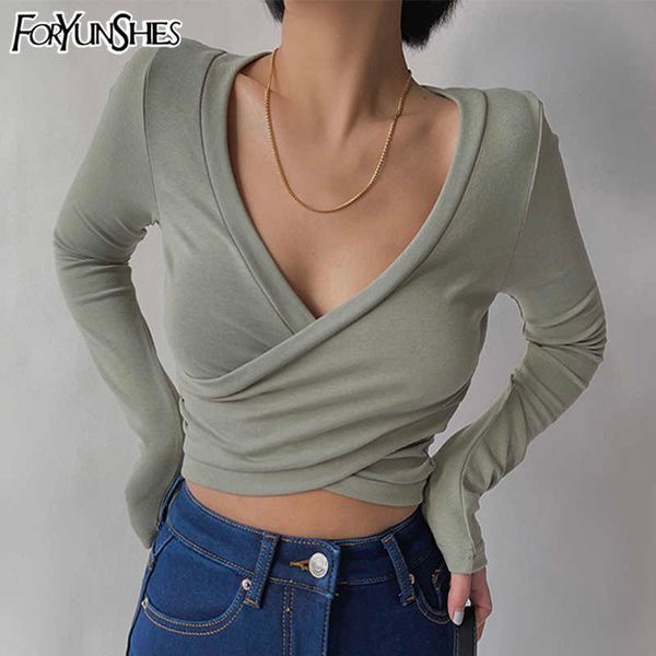 

foryunshes y2k v-neck crop cross long sleeve bodycon t-shirt harajuku women slim high waist short tee goth tshirt 210709, White