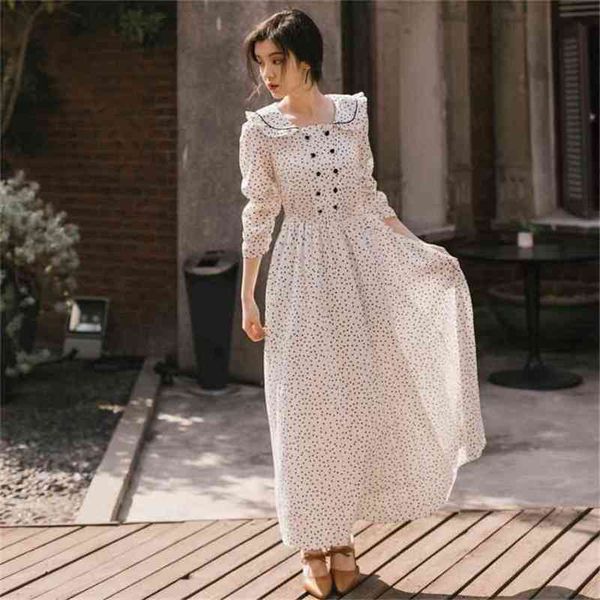 

spring summer mid-calf fit and flare peter pan collar dot long dress women sweet girl sleeve white 210603, Black;gray