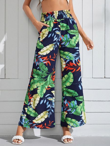 

tropical print slant pocket shirred waist wide leg pants s78e#, Black;white