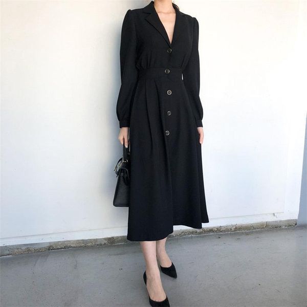 

casual dresses women retro lapel 2021 solid slim full sleeves streetwear gentle minimalist sweet ol long vestidos, Black;gray