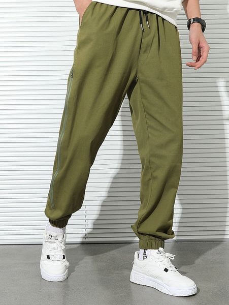

men zip side drawstring waist joggers 22a8#, Black