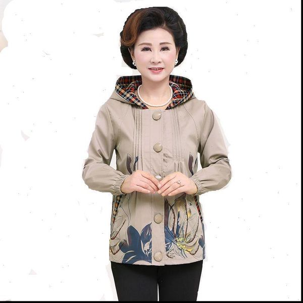 

elegant middle aged womens spring and autumn new loose large size printed long sleeved printed hooded jacket drop shipping, Black;brown