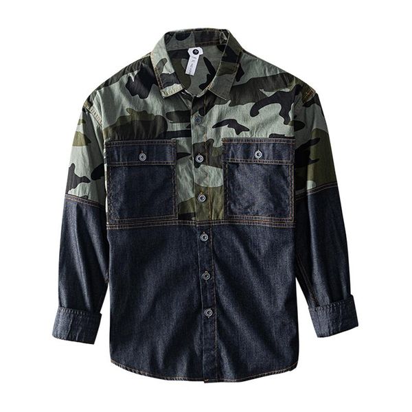 

men's casual shirts camouflage patchwork denim shirt for men long sleeve pure cotton two pocket turn-down collar male retro clothes, White;black
