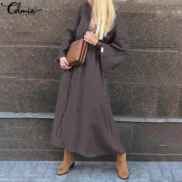 

dresses celmia v-neck women dress autumn long sleeve shirt midi dresses vintage vestidos casual loose belted party robe 5xl, Black;gray