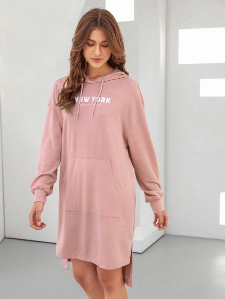 

drop shoulder letter pattern kangaroo pocket drawstring hoodie dress b58e#, White;black