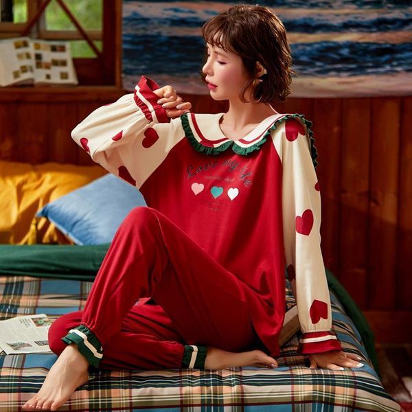 

2020 autumn winter pajamas women ruffle cute pyjamas set girl large size homewear night suit pajamas long sleeve pyjamas set, Black;red