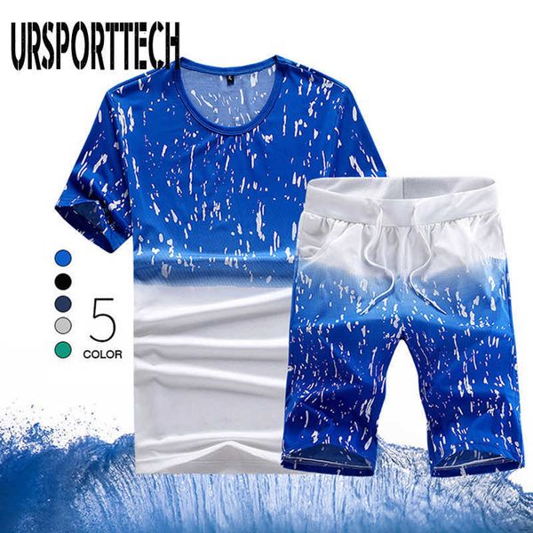 

summer mens sets short sleeve print tracksuit men sportswear casual 2 pieces set t-shirt+shorts male clothes slim sports suits 210528, Gray