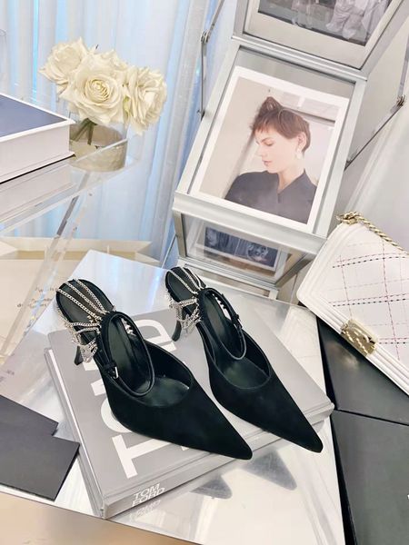 

22 ss spring sandals high-end brands design women's shoes back chain design salaren leather outsole with 9 cm high, Black