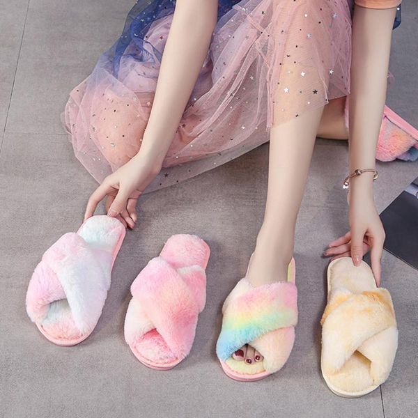 

slippers tie-dye women winter shoes flat sweet home woman indoor fur warm soft slip on colorful female slipper, Black