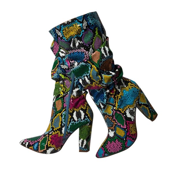 

handmade classice style womens chunky heels boots multicolored faux snake leather pointed-toe party mid-calf booties winter fashion short sh, Black