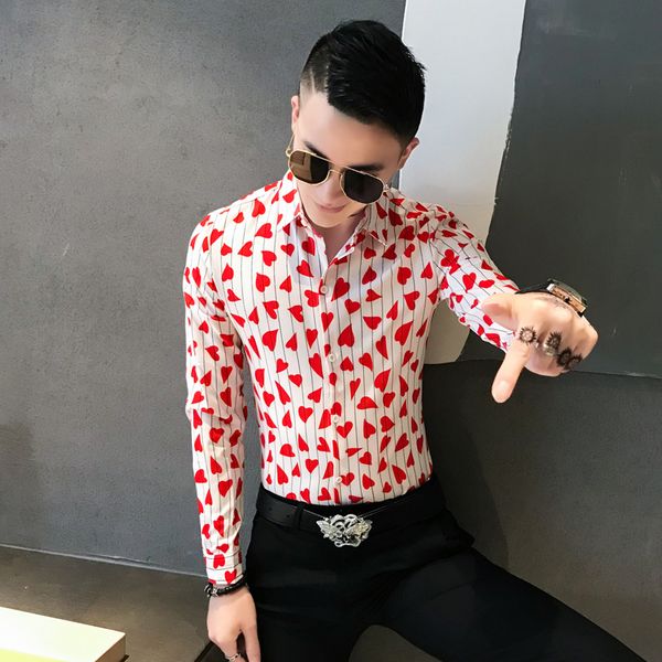 

Nova New Primavera Moda Listrado Camisas Para Roupas Masculinas Manga Longa Simples Corao Impresso Magro Ajuste Streetwear 30HQ, Black;brown