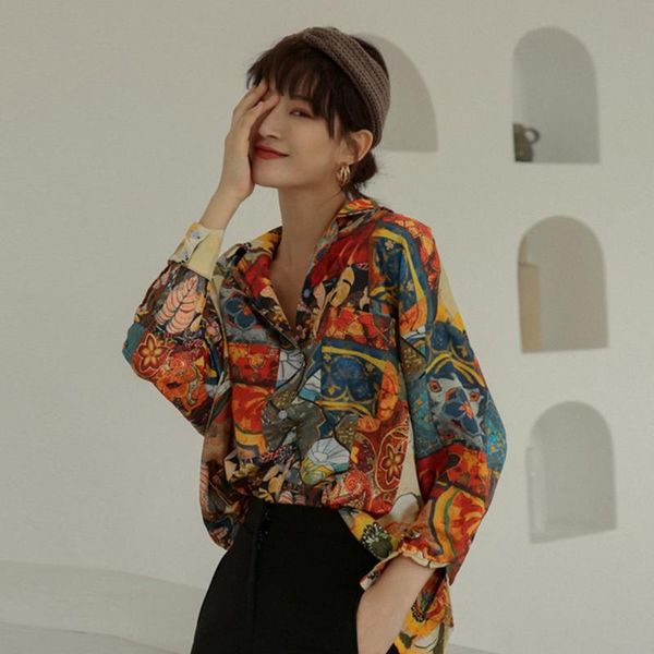 

women's retro oil painting fashion printed long sleeve shirt blouse plus size lady blusa feminina office fashion female, White