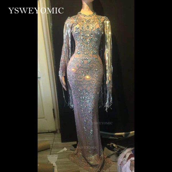 

casual dresses big streatch perspective sparkly crystals long dress evening party rhinestones birthday celebrate costume fringes, Black;gray