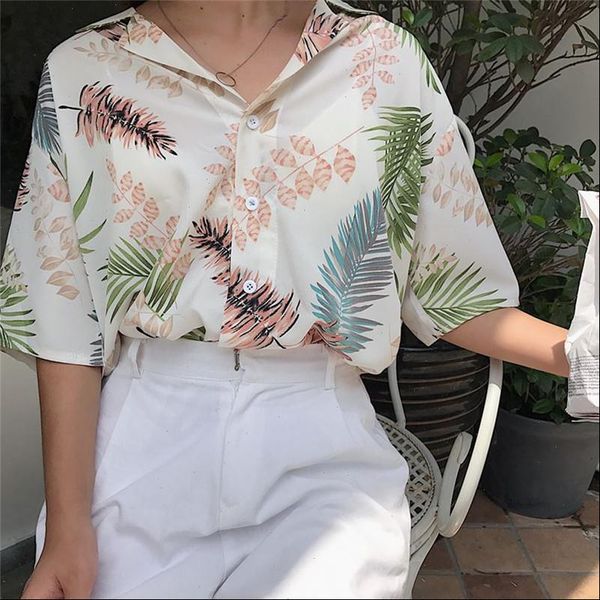 

new chiffon womens casual  blouses female hawaiian fashion floral short sleeve shirts ladies summer loose, White