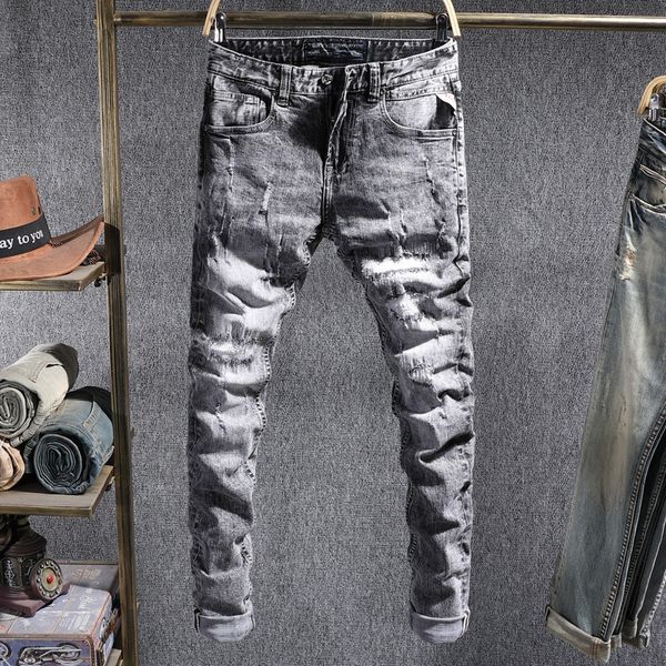 

2021 new italian style fashion men jeans retro gray slim fit ripped denim pants patchwork vintage designer hip hop trouser z1g8, Blue