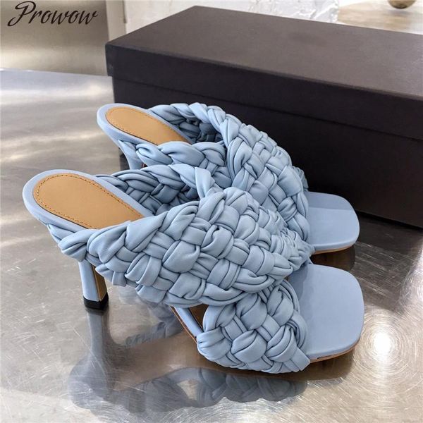 

prowow new women sandals peep toe high heels mullers plaited leather square head women gladiator stilettos new collection, Black