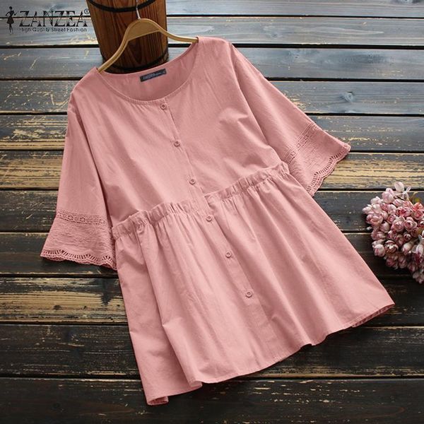 

women's blouses & shirts fashion loose solid blouse zanzea 2021 vintage summer buttons short sleeve blusas casual patchwork lace ruffl, White