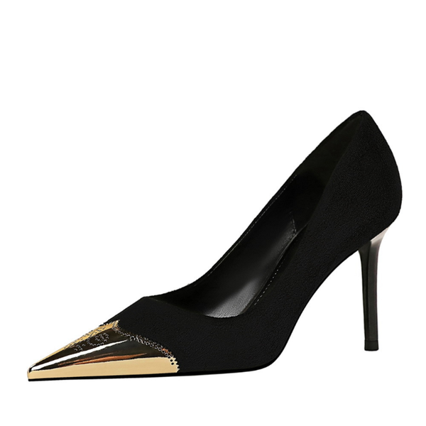 

dress shoes 2021 european and american style fashion stiletto high heels suede shallow mouth metal pointed toe women's, Black