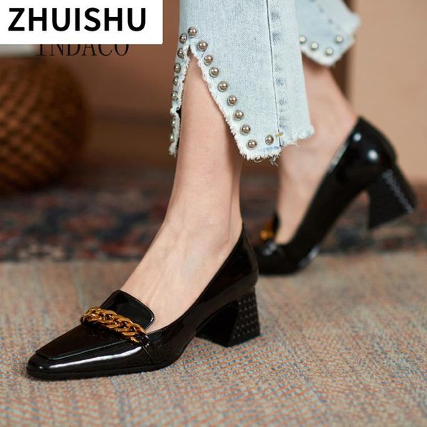 

dress shoes 2021 summer women's fashion pointed high heels patent leather metal chain pumps outdoor comfortable party, Black