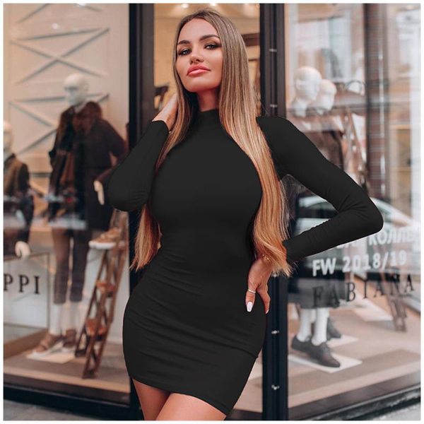 

casual dresses autumn solid color turtleneck skinny mini dress women fall keep warm long sleeve slim, Black;gray