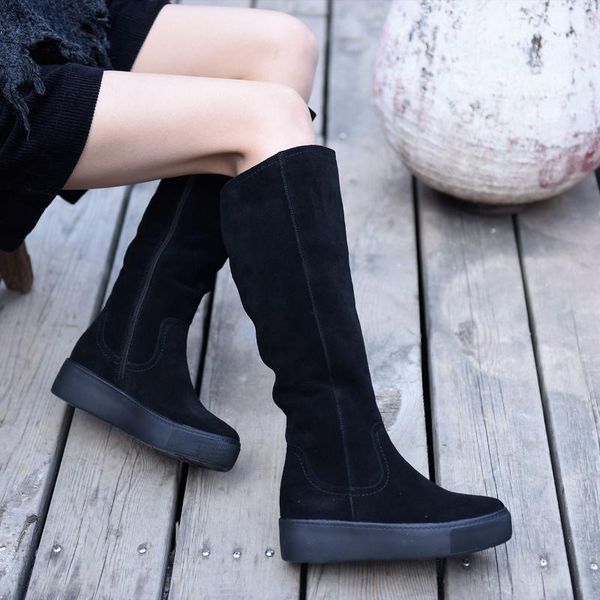 

boots artmu genuine leather women snow winter warm handmade zippers black flat platform shoes knee high ladies