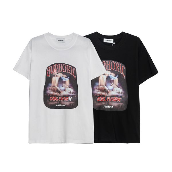 

japanese tide ambush unicorn print t shirt 100% pure cotton for men and women couple short sleeve t-shirt designer tees high quality, White;black