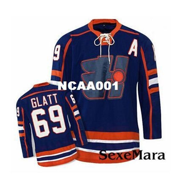 001 Heißer Verkauf Goon Hockey Jersey #69 Thug Glatt LaFlamme # Halifax Highlanders Goon Movie Blue Jersey hochwertiges Sticktrikot