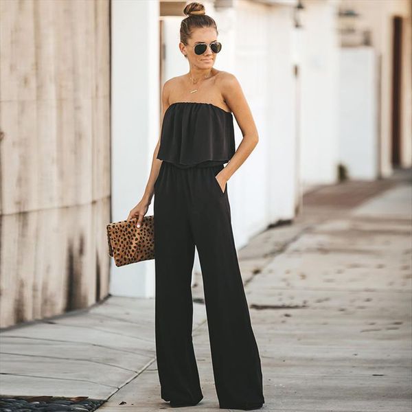 

summer slash neck womens jumpsuits strapless elegant ruffle playsuits casual loose wide leg rompers plus size, Black;white