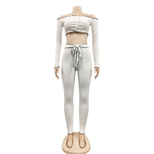 

solid slash neck long sleeve two piece set drawstring off shoulder women tracksuit bodycon long pants women suits sets, White