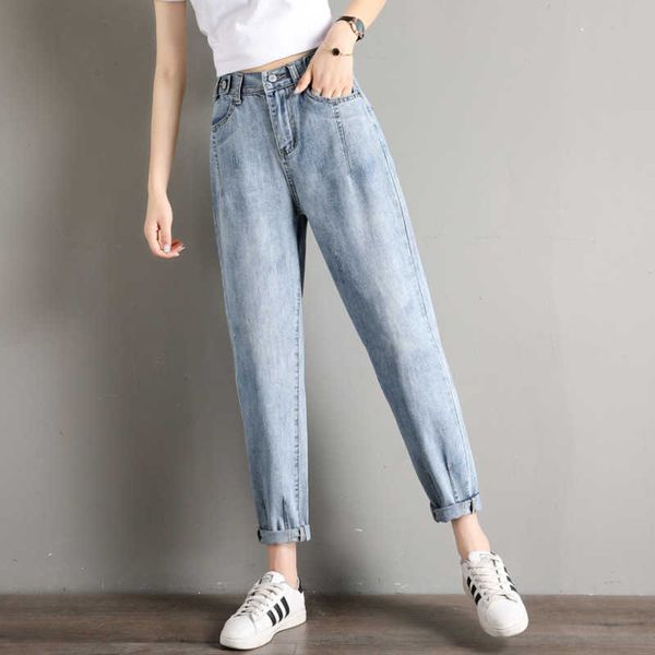

high waist jeans women vintage elastic waist women harem pants ankle-length slouchy trousers w32 210526, Blue