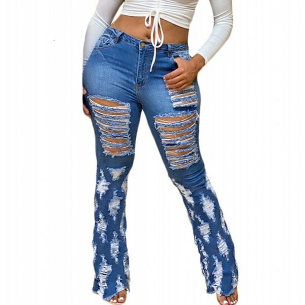 

lady in solid blue office jeans for women with nervuras hollow enlargement denies long pants 2021 new fall fashion streetwear 4z7n