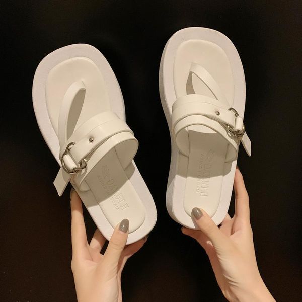 

all-match comfort shoes for women flat sandals summer heels buckle wedge flip flops platform suit female beige without, Black