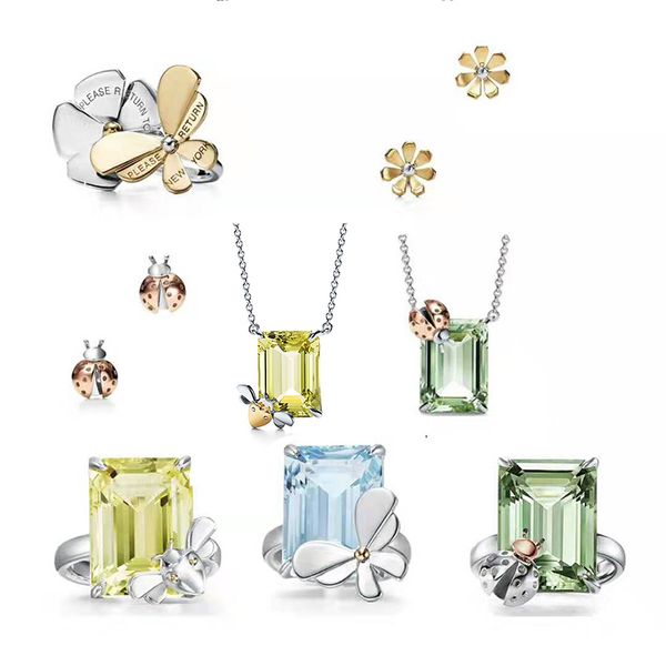 

fashion 100% s925 sterling silver secret garden blue zircon butterfly ring ladybug earring set female jewelry