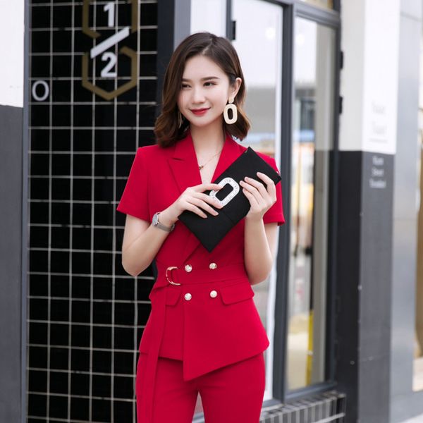 

high-end size large female suits will see new belt style slimming waistline short sleeve temperament suit nine pants two sets ljy5, White;black