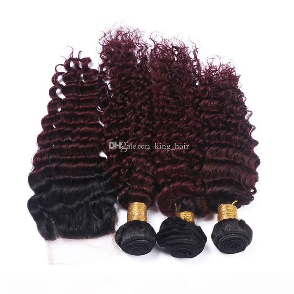 

two tone grade 9a wine red ombre deep wave #1b 99j burgundy human hair bundles extensions with two tone lace closure 4*4, Black