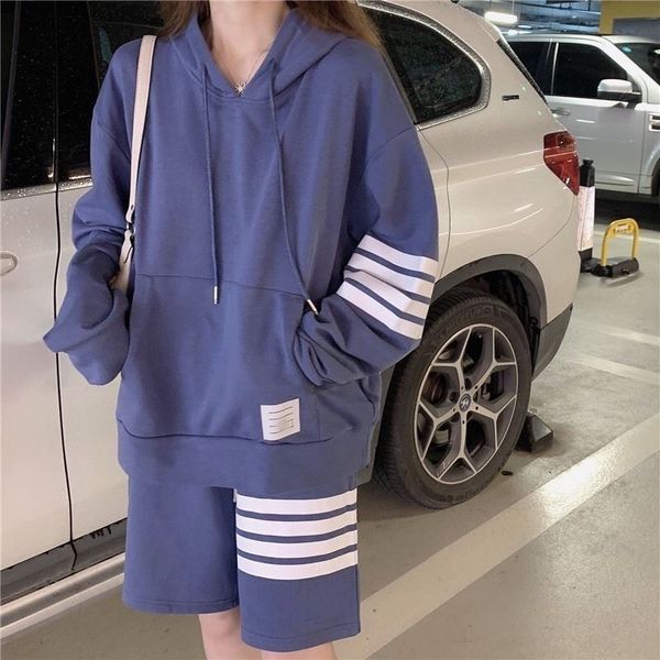 

brand coats tb classic four bar sports suit new korean loose hoodie casual wide leg shorts two-piece set, Black