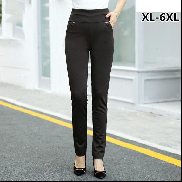 

2020 women high waisted casual pants female plus size 5xl 6xl stretch slim pants womens autumn winter black, Black;white