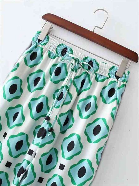 

spring women pants green geometric print wide leg casual high waist straight streetwear trousers for female, Black;white