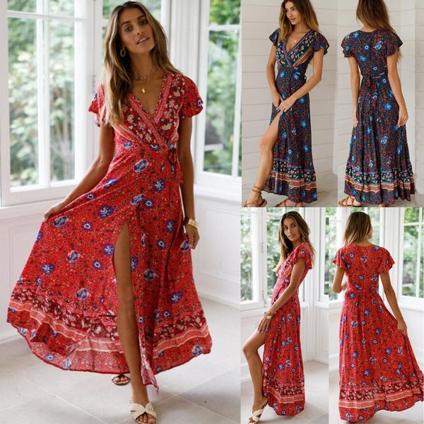 

retro vintage boho ladies multi color flower printed ruffle sweet stylish short sleeve mid loose long show wear fashion dress, Black;gray