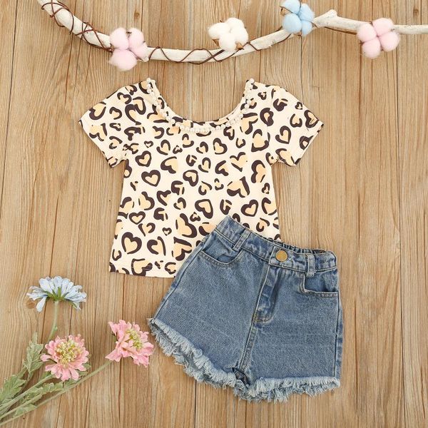 

clothing sets toddler infant girl summer casual outwear set cotton short sleeve leopard t-shirt + tassel denim pants kids clothes, White