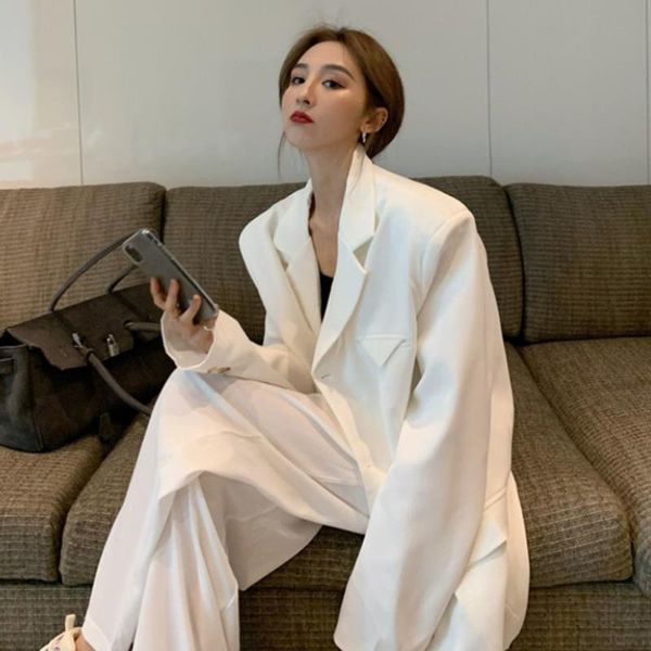 

women's two piece pants 2021 female outfits fashion women two-piece pant suit solid white loose blazer jacket & wide leg set office